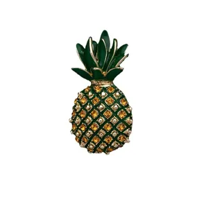 Exquisite pineapple shaped brooch with green enamel leaves and yellow crystal rhinestones