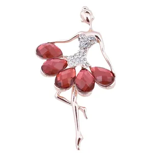 Elegante spilla da ballerina con cristalli rossi e strass scintillanti placcata in oro rosa