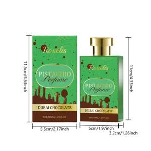 Abmessungen der Roxelis Pistachio Dubai Chocolate 50ml Parfümflasche und Verpackung