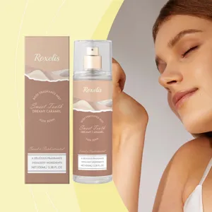 Caramel body fragrance mist detail, gentle sweet scent notes, 100ml elegant perfume spray.