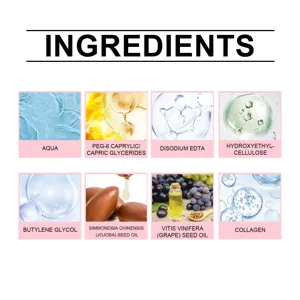 Liste d'ingrédients de l'huile nettoyante au collagène, jojoba et pépins de raisin.