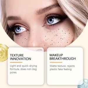 Close-up of natural-looking brown faux freckles on model's face showing matte texture.