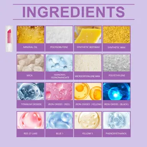 Kids makeup set lipstick ingredient chart detail graphic showing safe cosmetic components clearly.