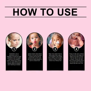 Instructional guide showing how to use children's eyeshadow, lipstick, and blush.