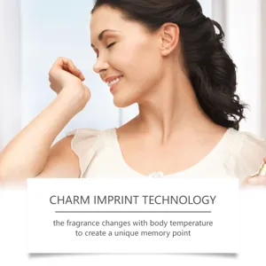Frau riecht an ihrem Handgelenk an einem Duft mit Charm Imprint Technologie-Beschreibung.
