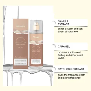Caramel body fragrance mist with vanilla and patchouli notes for long-lasting sweet scent.