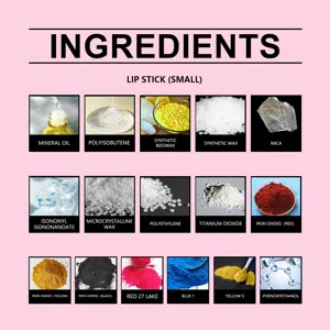 Detailed ingredient list for kids small lipstick featuring mineral oil and natural waxes.