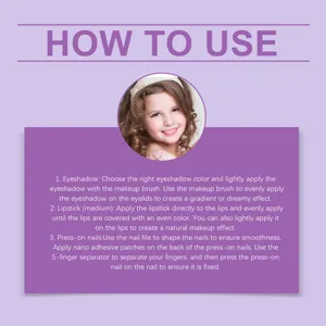 Children's makeup set usage guide, detailed steps for eyeshadow, lipstick and press-on nails.