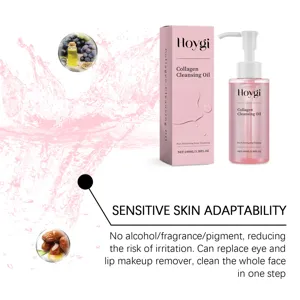 Détail de l'huile nettoyante au collagène Hoygi montrant la formule pour peaux sensibles