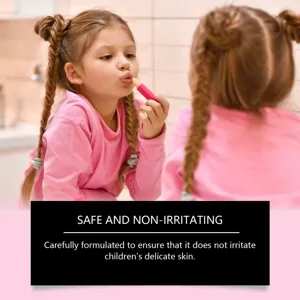 A young girl applying safe and non-irritating pink lipstick from a children's makeup set
