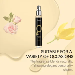 Detailed shot of Roxelis Alpha Scent 10ml cologne perfume bottle with elegant floral background.