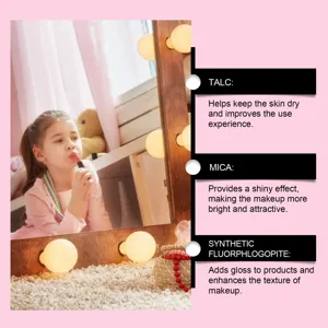 Detailed view of kids' makeup ingredients including talc and mica for safe use