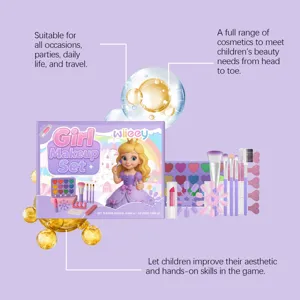 Kids makeup set with colorful eyeshadow palette, cute lipstick, and various cosmetic brushes.