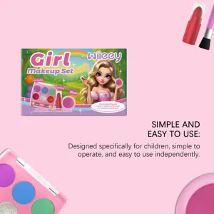 Detail view of Wiieey kids makeup set packaging with easy-to-use marketing text