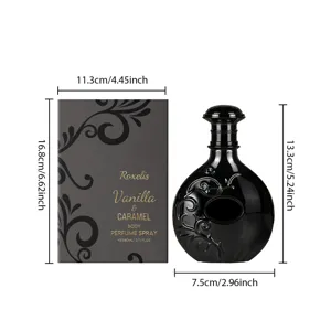 Luxury 80ml vanilla caramel body perfume spray with elegant black bottle and gift box design.