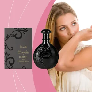 Roxelis vanilla caramel body perfume spray detail view showing elegant black bottle packaging.