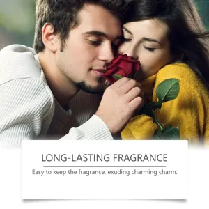 Romantic couple smelling fresh red rose for romantic fragrance mood detail display scene.