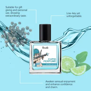 Detalle del perfume Cupid spray con 50ml de líquido azul y notas cítricas