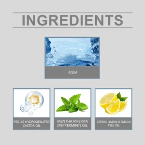 Gedetailleerd overzicht van verfrissende muntparfum ingrediënten met aqua, munt- en citroenolie.