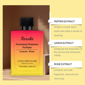 Close-up detail of the gradient glass perfume bottle showing botanical extract ingredient callouts.