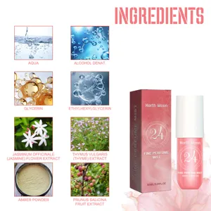 North Moon fine perfume mist ingredients detail graphic, showing 90ml amber plum fragrance.