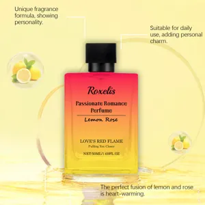 Detail shot of Roxelis lemon rose perfume bottle showing gradient liquid and delicate label.