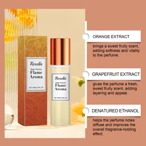 Close-up of Roxelis Flame Aroma rollerball perfume detailing citrus ingredients