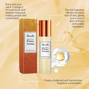 Detailed view of Roxelis Flame Aroma roller perfume and elegant orange floral packaging