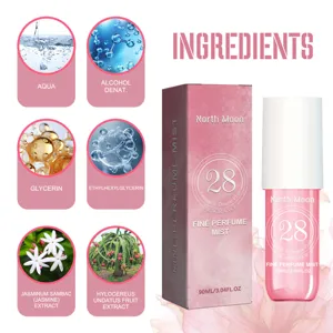 Detail view of North Moon 28 Jasmine & Dragon Fruit perfume mist with ingredient breakdown.