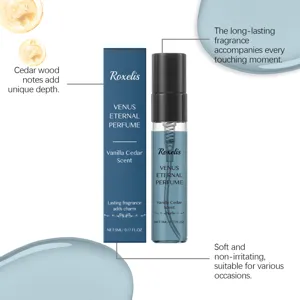 Λεπτομερής προβολή του αρώματος Roxelis 5ml Vanilla Cedar με μπλε συσκευασία και νότες