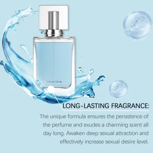 Clear glass perfume bottle with silver cap, elegant design with water splash background for fresh scent.