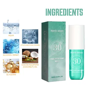 North Moon fine perfume mist ingredient detail display, refreshing and long-lasting fragrance.