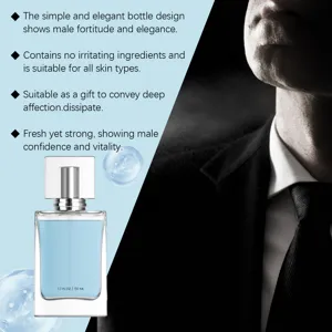 Detail view of men's perfume bottle with blue liquid, elegant square design and fresh scent.