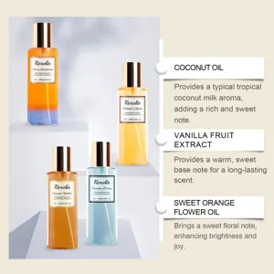 Gedetailleerd overzicht van Roxelis geurspray met kokosnoot, vanille en oranjebloesemolie.
