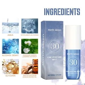 Detailed view of North Moon violet and sandalwood perfume mist, showing natural ingredients.