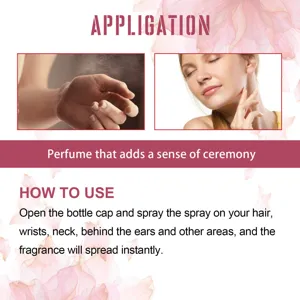 Perfume usage instruction detail showing application steps on wrists and neck for long lasting scent.