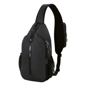 Close-up view of a black waterproof outdoor sling bag for men featuring multiple zippers