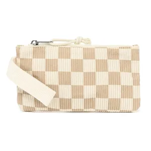 Detailansicht des beige karierten Cord-Federmäppchens mit Baumwoll-Handschlaufe