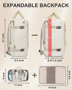 Details van de uitbreidbare reisrugzak met afmetingen van packing cubes en tasje