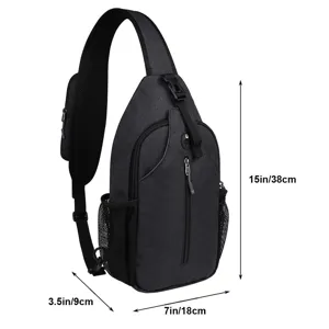 Close-up detail of a men's waterproof outdoor chest bag with dimensions 15x7x3.5 inches