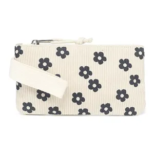 Detailaufnahme der Cord-Federtasche mit Blumenmuster, Handschlaufe und Seil-Zipper