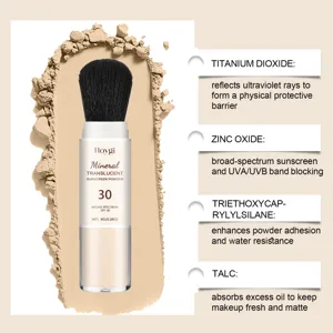 Poudre solaire minérale transparente HOYGI avec pinceau et protection SPF 30 visage.