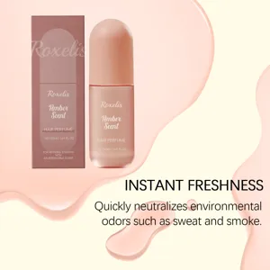 Λεπτομερής προβολή του Roxelis Amber Scent αρώματος μαλλιών με το κουτί και τις υποσχέσεις