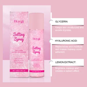 HOYGI 100ml Spray Fissante Glitterato dettaglio, formula idratante per il trucco viso.