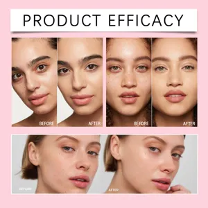 Detail view showing makeup setting powder efficacy, natural flawless coverage before and after use.