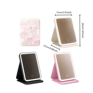 Dimensions du miroir de maquillage LED pliable en noir, rose et cuir PU tulipe