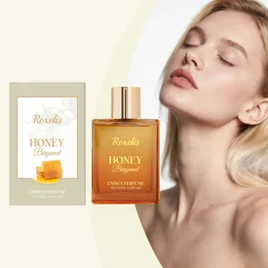 Detaillierte Ansicht des Roxelis Honey Bergamot Unisex-Parfümflakons mit goldener Box