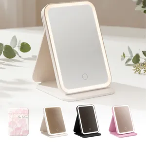 Miroir de maquillage LED portable avec étui pliable en cuir PU en plusieurs couleurs