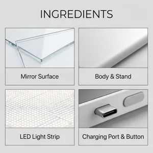 Vue détaillée des composants du miroir de maquillage LED avec port USB-C et bande lumineuse