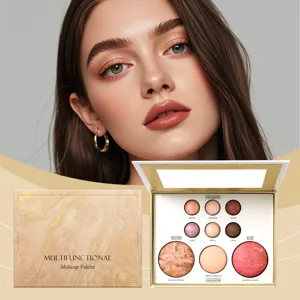 Multi-functional gilded makeup palette featuring eyeshadow, contour, blush, and highlighter.
